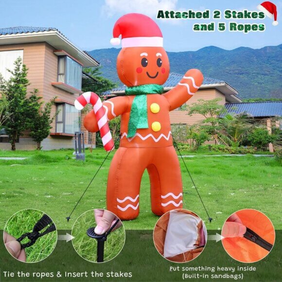 ⚡6FT Christmas Inflatables Gingerbread Man with Candy Cane Outdoor Decorations - Picture 3 of 6